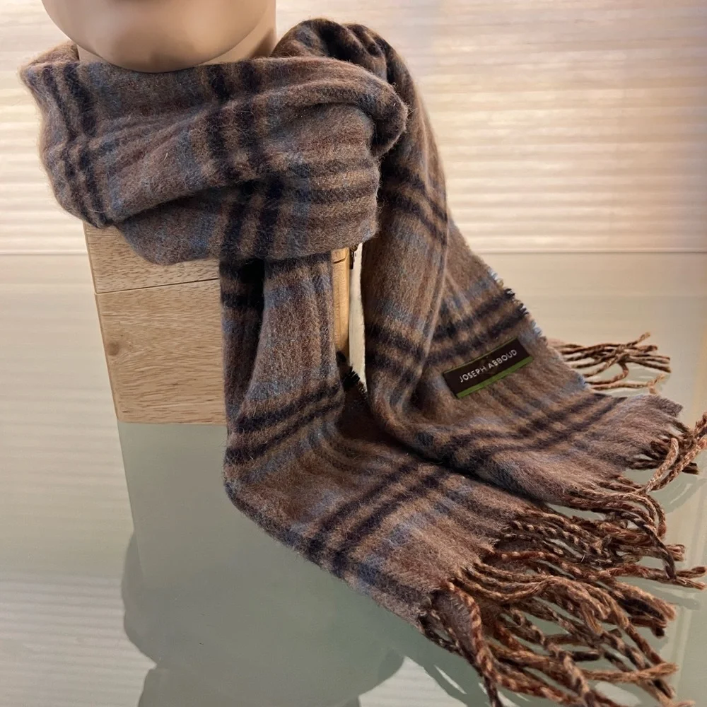🐑Dark Tan + Black Brown & Blue Plaid Cashmere Scarf by Joseph Abboud